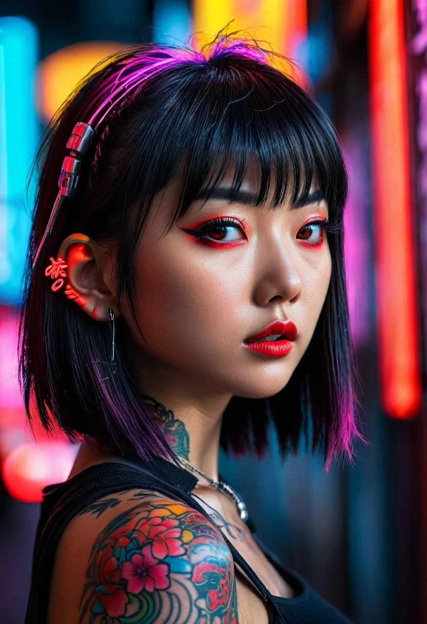 hyper-detailed portrait of a japanese girl, profile, overhead shot, low head, cyberpunk, tattoos, perfect red eyes, direct gaze, bright colors, very high contrast, side lighting, hair straight half-length hair, straight bangs, hair covers half the face, background with neon graffiti, hyper-realistic, 4K, half body portrait, cinematic, movie still, captured in the style of Sony Alpha A7 III camera