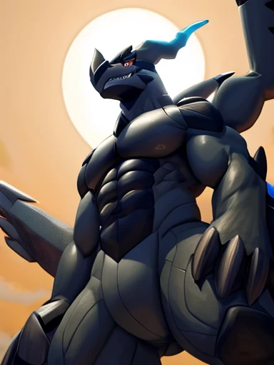 Massive, Kaiju, Zekrom, muscular massive pecs, , toothy grin, dominant, low angle, 