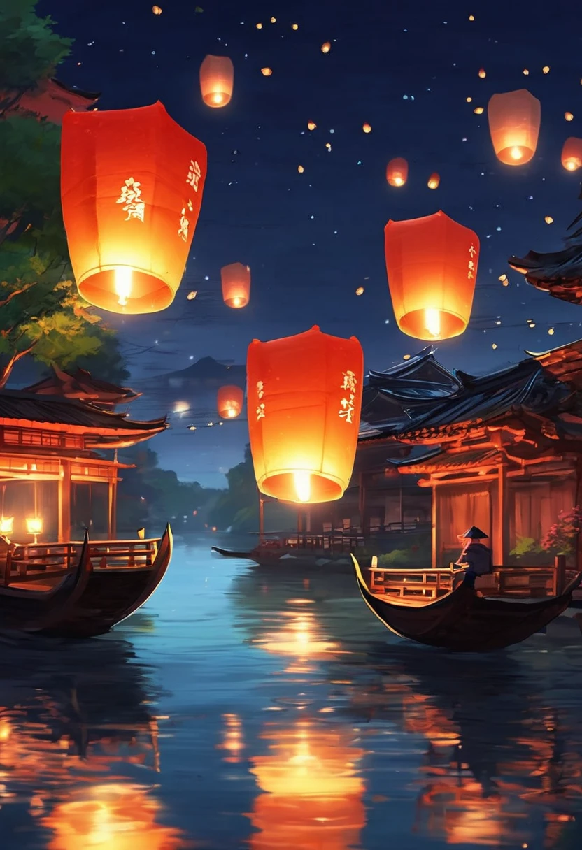 1.Place the river lanterns by the river,Many sky lanterns are lit on the water, floating lights, Lights and reflections, Glowing lights! Intermediate Metaverse Elements,number, glowing reflections, think. author:Shinkai Makoto, Water Lanterns, A quiet night. Digital Illustration, Beautiful Ambience, Night sky lights, Peaceful evening atmosphere, 美丽的number艺术作品, Low Detail. number, Beautiful Ambience