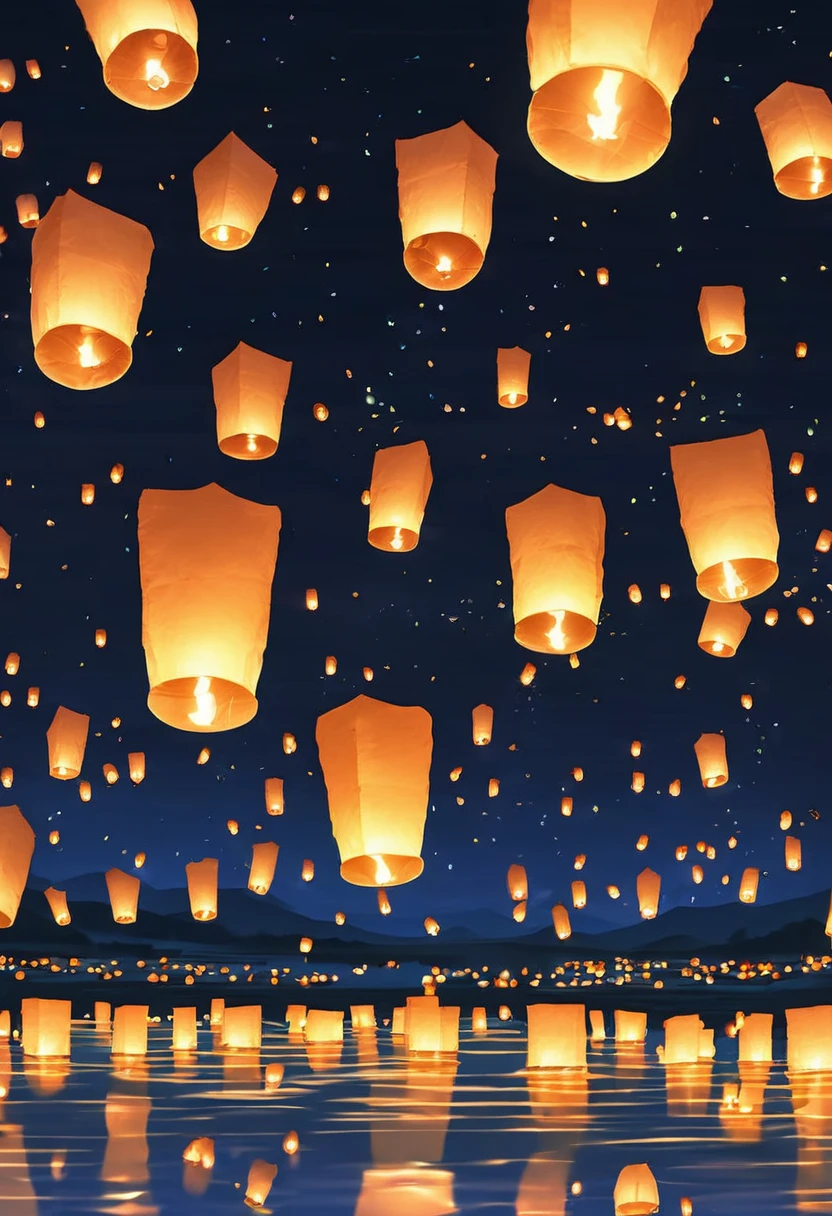 1.Place the river lanterns by the river,Many sky lanterns are lit on the water, floating lights, Lights and reflections, Glowing lights! Intermediate Metaverse Elements,number, glowing reflections, think. author:Shinkai Makoto, Water Lanterns, A quiet night. Digital Illustration, Beautiful Ambience, Night sky lights, Peaceful evening atmosphere, 美丽的number艺术作品, Low Detail. number, Beautiful Ambience