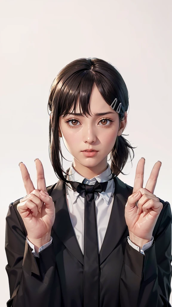 (((Perfect body,White and tender skin,(((Black strap dress, black long bow tie, white lining, black hat))),(((Kobeni Higashiyama, black hair, hair ornament, hairclip, ponytail, short hair, (brown eyes:1.5),))),((masterpiece)),highres,((Best quality at best)),masterpiece,quality,Best quality,((( Exquisite facial features,Looking at the audience,There is light in the eyes,(((frown,Wronged))),Scissorhands))),(((Light and shadow,Huge breasts,))),(((Looking at the camera,White background))))