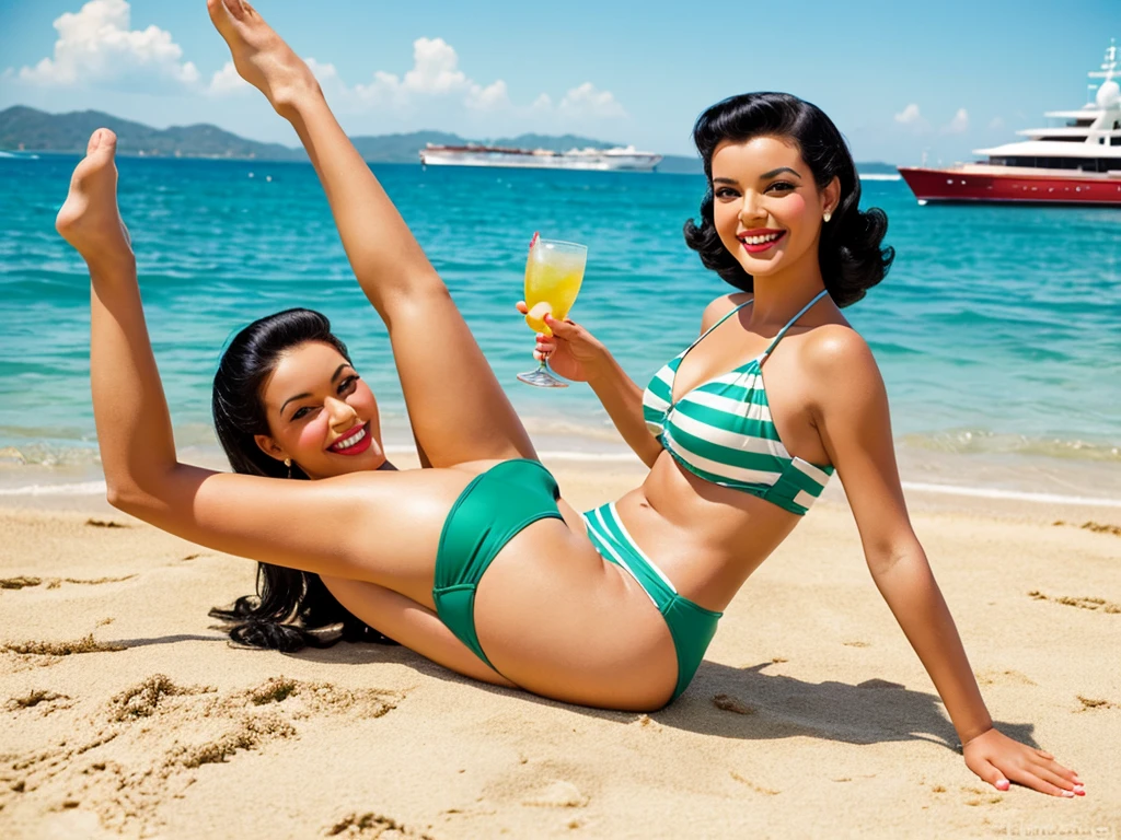 35mm film photography, Joyful, smiling black hair 1 woman pinup woman posing beautifully smiling on the beach on the sand against the backdrop of a yacht in the water clear weather summer sky sunny day glare in her hands holding a glass of cocktail retro pinup style green swimsuit closed with stripes pinup poses luxury rich life