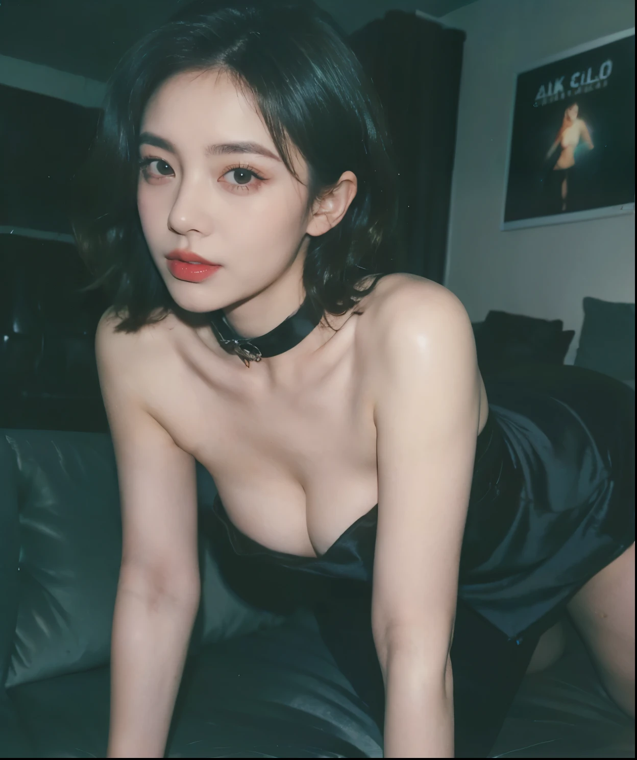 21yo girl, (curly bob Hair). Wearing black silk dress, strapless, cleavage, ((big breast, show big thigh, plump body, on all fours on the sofa)), (wearing choker). Dark background. Polaroid. Retro. the walls are covered with retro posters. Flash light effect.