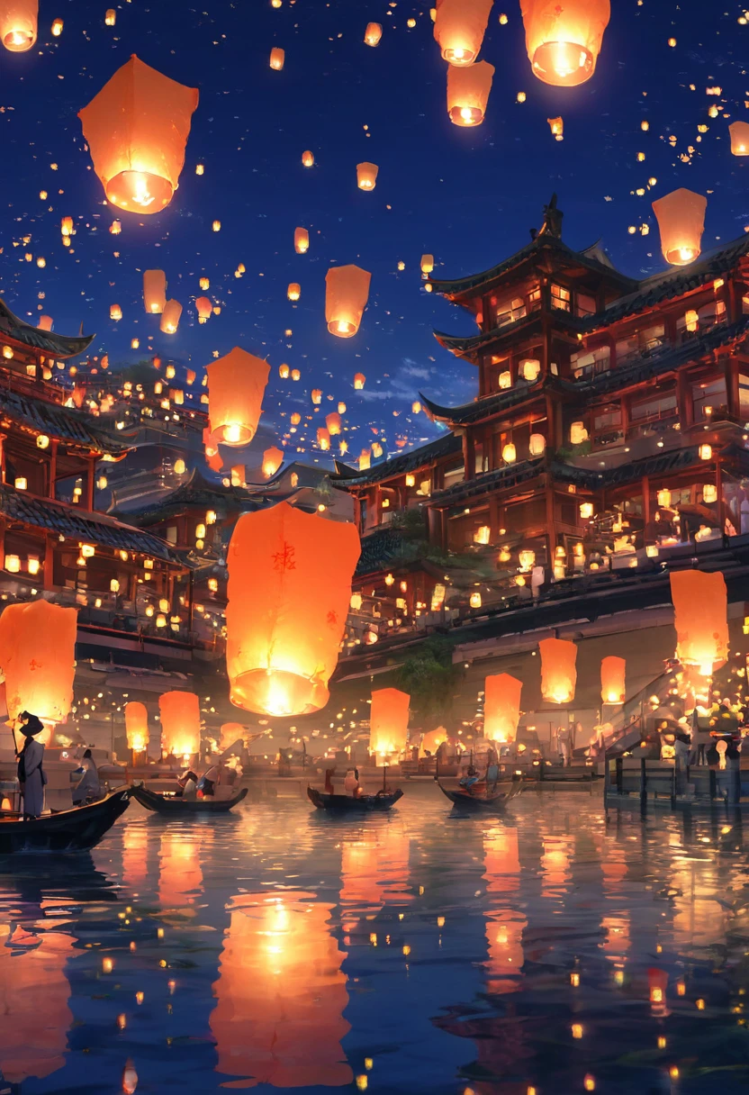 1.Place the river lanterns by the river,Many sky lanterns are lit on the water, floating lights, Lights and reflections, Glowing lights! Intermediate Metaverse Elements,number, glowing reflections, think. author:Shinkai Makoto, Water Lanterns, A quiet night. Digital Illustration, Beautiful Ambience, Night sky lights, Peaceful evening atmosphere, 美丽的number艺术作品, Low Detail. number, Beautiful Ambience