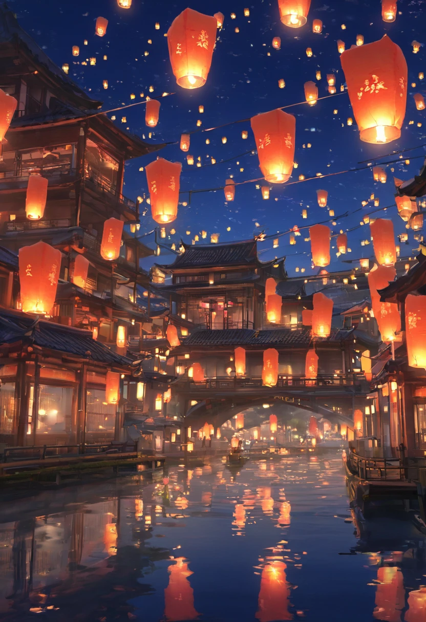 1.Place the river lanterns by the river，Many sky lanterns are lit on the water, floating lights, Lights and reflections, Glowing lights! Intermediate Metaverse Elements，number, glowing reflections, think. author：Shinkai Makoto, Water Lanterns, A quiet night. Digital Illustration, Beautiful Ambience, Night sky lights, Peaceful evening atmosphere, 美丽的number艺术作品, Low Detail. number, Beautiful Ambience