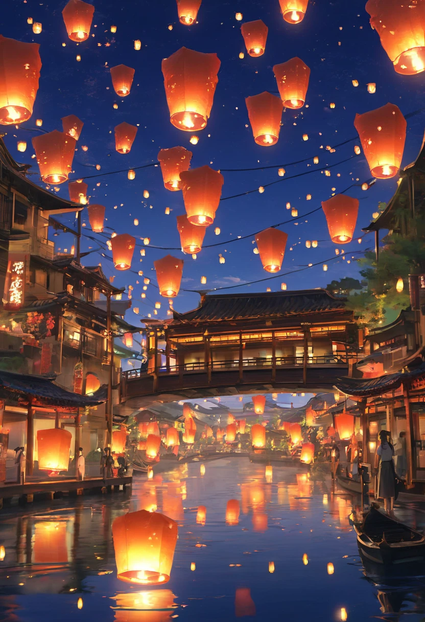 1.Place the river lanterns by the river，Many sky lanterns are lit on the water, floating lights, Lights and reflections, Glowing lights! Intermediate Metaverse Elements，number, glowing reflections, think. author：Shinkai Makoto, Water Lanterns, A quiet night. Digital Illustration, Beautiful Ambience, Night sky lights, Peaceful evening atmosphere, 美丽的number艺术作品, Low Detail. number, Beautiful Ambience