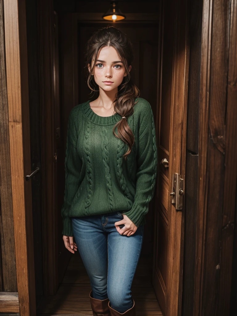 Twenty year old woman, wavy brown hair tied in a low ponytail, blue eyes, calm look, freckles on cheeks and long eyelashes, wear a green sweater and jeans, black boots. They see her attractive and mature. She is standing in a dark, spooky forest at night in front of an old-fashioned brown door with plants on its edges., A strong light emanated from the door from its holes and lock.. 