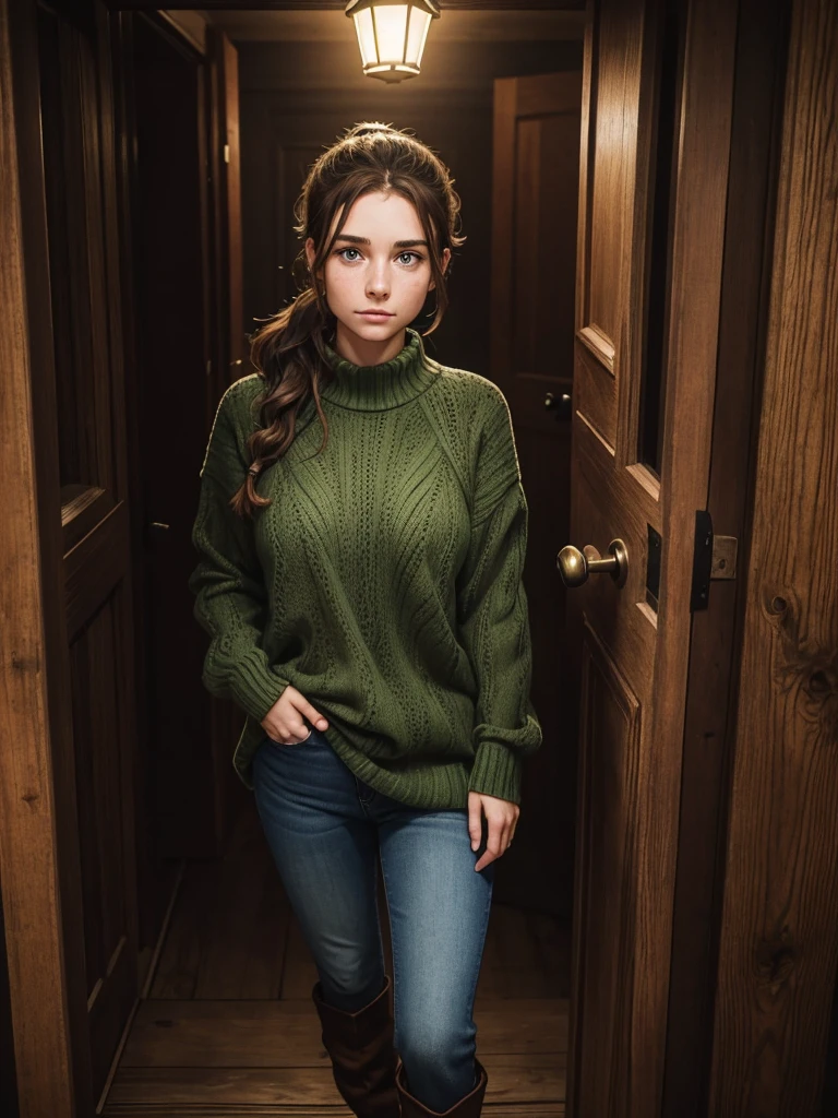 Twenty year old woman, wavy brown hair tied in a low ponytail, blue eyes, calm look, freckles on cheeks and long eyelashes, wear a green sweater and jeans, black boots. They see her attractive and mature. She is standing in a dark, spooky forest at night in front of an old-fashioned brown door with plants on its edges., A strong light emanated from the door from its holes and lock.. 