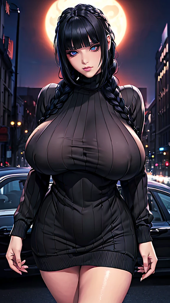 (in 16K、A high resolution、Best Quality、 masuter piece、unreal engine、amine、top-quality、From the thighs up:1.2),(Natural Skin Texture、Detailed skin、Beautiful skin、ultra sharpness),intricate detailes、Extraordinary beauty,(((gigantic breasts,voluptuous body、1 cute woman,20 to 25 years old,adult lady,Wednesday Adams,Black nails,))),(an extremely cute and beautiful face:1.2),(((big eyes,sharp eyes,eye bags,eyelash extension,pale skin,black hair,blunt bangs,bottomless))),(独奏,Braid,empty eyes,Expressionless,Tempting,darkness,Dark atmosphere:1.6),(virgin killer sweater:1.4),(Are standing,Late Night,bustling street,Passersby,dim:1.5),