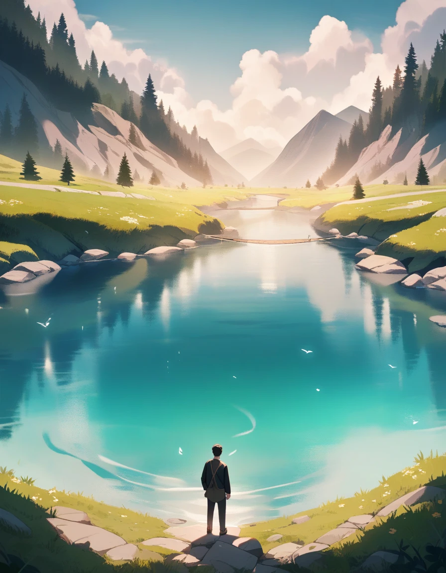a beautiful enviroment in a man standing in the image and a river aswell