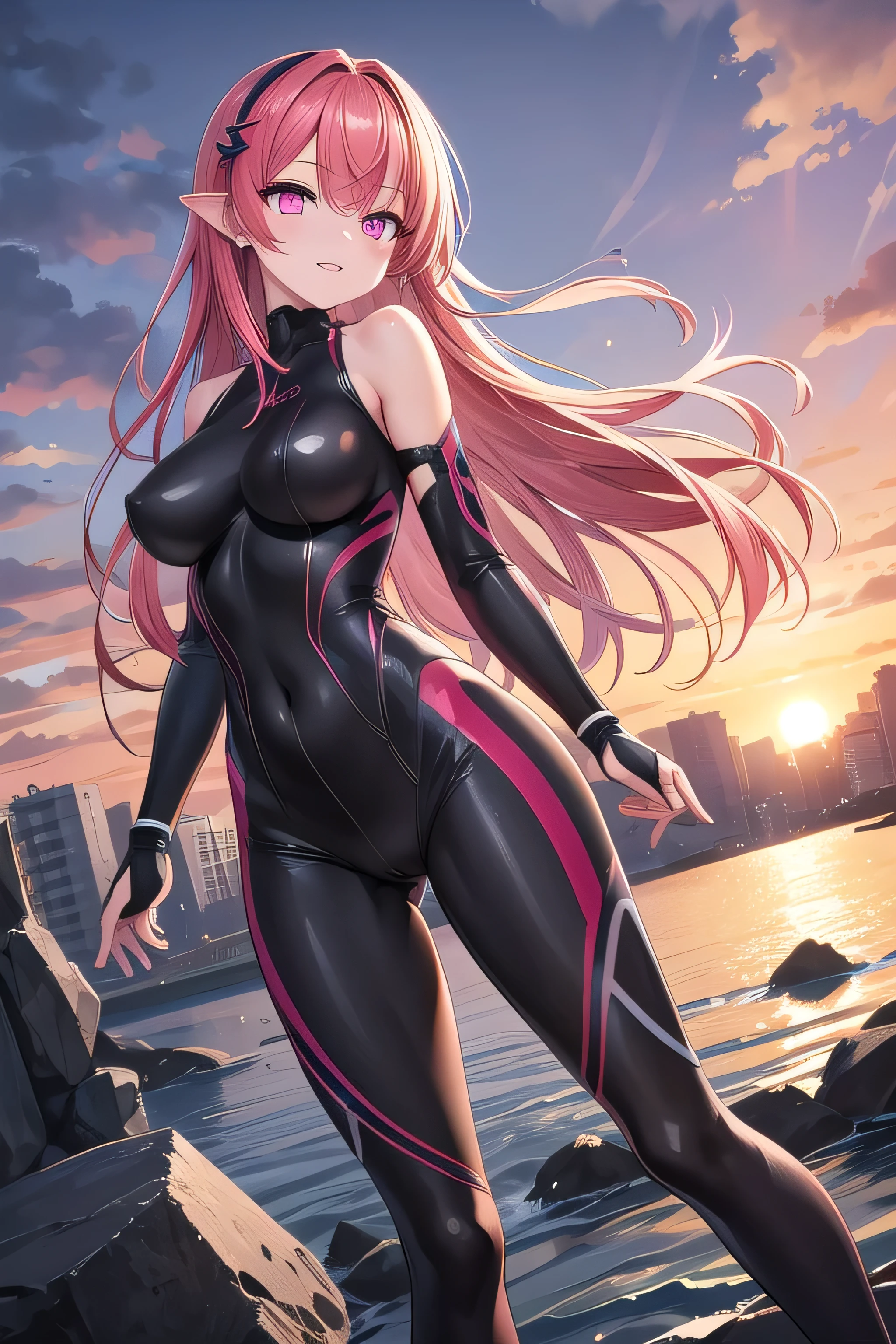 最high quality、high quality、best image quality、8K、最High resolution、High resolution、最high quality、masterpiece、whole body photos、 skin in every detail、 face in every detail、 eyes in every detail、 lips in every detail、 teeth in every detail、 ears with attention to detail、 hair with detailed details、arms with attention to detail、 hands with attention to detail、 fingers with attention to detail、 (fine hands、thumb１reference４)、 legs with attention to detail, feet with attention to detail, 8k, ultra HD, sharp focus, details hair, beautiful hair, details face, beautiful detail eye, details pupil, perfect hand, vibrant colours, soft lighting.

1girl, long hair, hair accessory, style hair, crimson red hair, radiant pink eyes, glow eyes, massive giant , small thigh, slim body, showing shoulders, black-purple , tight , fight , nice design , 

dungeon, wind blows, sunset, evening, clear sky, sickle