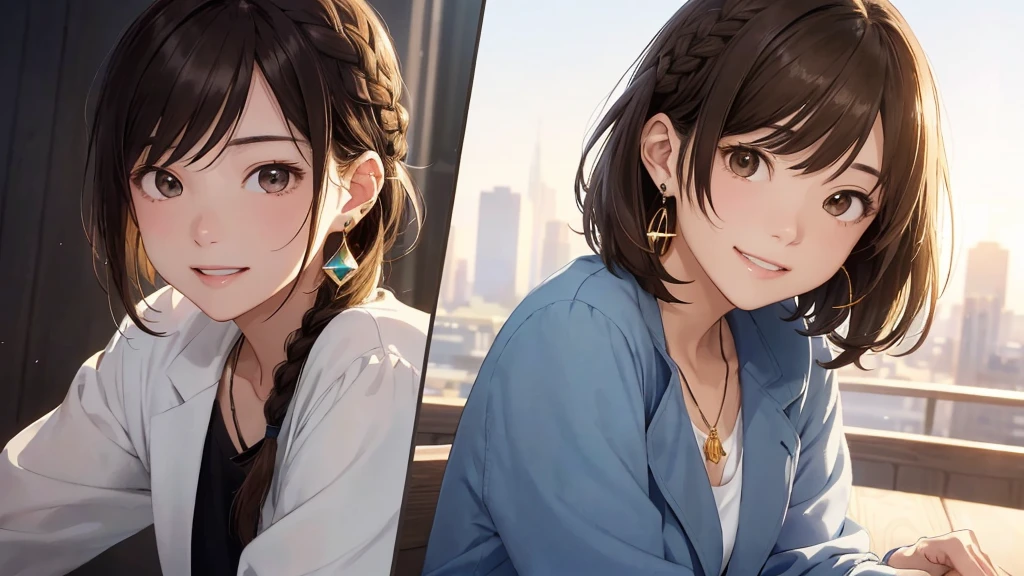 The background is the city、Skyscraper、Night view(Highest quality、masterpiece、High resolution)、(Sargent-style watercolor)、(Anime Art)、、((Right beside、Woman profile、))、(Detailed depiction of a beautiful face）、Suit jacket、A kind smile、Medium Short Hair、Brown Hair、Braiding、、
information(Highest quality:1.2)、Very detailed、High resolution、masterpiece:1,2、Bright colors、Bokeh、Professional Lighting、Physically Based Rendering、Flat Color:0.8、Fine Illustration、Realistic:1.37、Makoto Shinkai style、Name Style、Light Brown Hair、Elegant update、Short Bob、Young woman、Laugh together、Dynamic poselip、cheek(Dark Brown Hair/)bangs、cheek(direction)、(最高masterpiece1.2)繊細なイラストVery detailed、Break Blue Sky、Detailed Background、20-year-old female、、A shy smile、Through clenched teeth、Clench your teeth、lip、cheek(Flat Color: 0.8)、(masterpiece: 1,2)、(masterpiece: 1,2)、High resolution、超High resolution、Highest quality、High resolution、Ultra-thin illustration、Makoto Shinkai style、Your Name is Style、long hair、Short Bob、necklace、Earrings、Dynamic pose、Selfie、whole body、Brown Hair、Braiding、Hair Bun、ponytail･Hair Bunスタイル、necklace、Valletta、ribbon、Earrings・アニキュア,。
