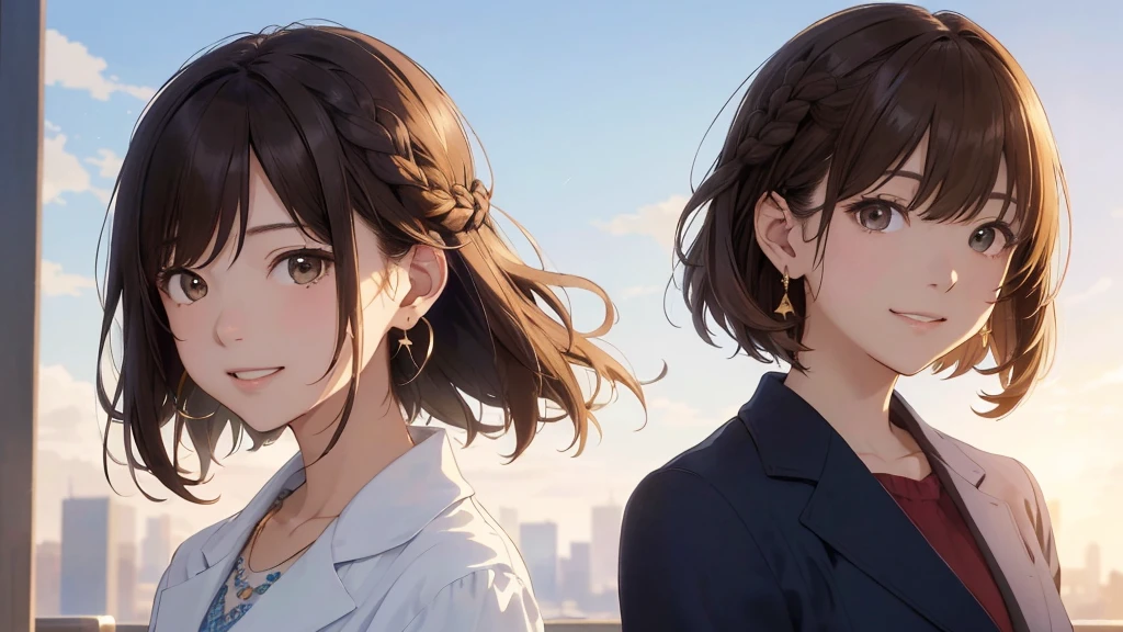 The background is the city、Skyscraper、Night view(Highest quality、masterpiece、High resolution)、(Sargent-style watercolor)、(Anime Art)、、((Right beside、Woman profile、))、(Detailed depiction of a beautiful face)、Suit jacket、A kind smile、Medium Short Hair、Brown Hair、Braiding、、
information(Highest quality:1.2)、Very detailed、High resolution、masterpiece:1,2、Bright colors、Bokeh、Professional Lighting、Physically Based Rendering、Flat Color:0.8、Fine Illustration、Realistic:1.37、Makoto Shinkai style、Name Style、Light Brown Hair、Elegant update、Short Bob、Young woman、Laugh together、Dynamic poselip、cheek(Dark Brown Hair/)bangs、cheek(direction)、(最高masterpiece1.2)繊細なイラストVery detailed、Break Blue Sky、Detailed Background、20-year-old female、、A shy smile、Through clenched teeth、Clench your teeth、lip、cheek(Flat Color: 0.8)、(masterpiece: 1,2)、(masterpiece: 1,2)、High resolution、超High resolution、Highest quality、High resolution、Ultra-thin illustration、Makoto Shinkai style、Your Name is Style、long hair、Short Bob、necklace、Earrings、Dynamic pose、Selfie、whole body、Brown Hair、Braiding、Hair Bun、ponytail・Hair Bunスタイル、necklace、Valletta、ribbon、Earrings・アニキュア,。