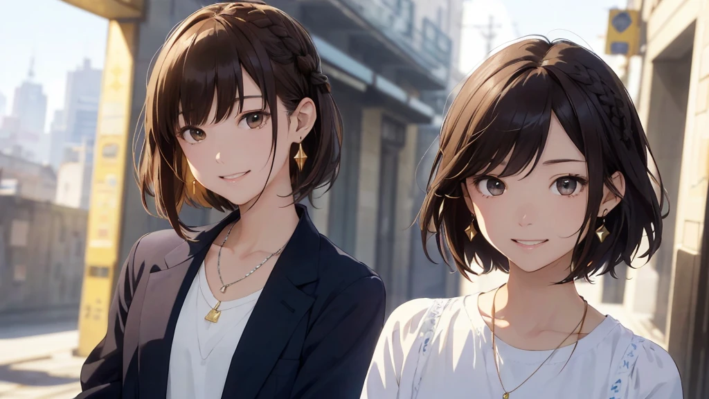 The background is the city、Skyscraper、Night view(Highest quality、masterpiece、High resolution)、(Sargent-style watercolor)、(Anime Art)、、((Right beside、Woman profile、))、(Detailed depiction of a beautiful face)、Suit jacket、A kind smile、Medium Short Hair、Brown Hair、Braiding、、
information(Highest quality:1.2)、Very detailed、High resolution、masterpiece:1,2、Bright colors、Bokeh、Professional Lighting、Physically Based Rendering、Flat Color:0.8、Fine Illustration、Realistic:1.37、Makoto Shinkai style、Name Style、Light Brown Hair、Elegant update、Short Bob、Young woman、Laugh together、Dynamic poselip、cheek(Dark Brown Hair/)bangs、cheek(direction)、(最高masterpiece1.2)繊細なイラストVery detailed、Break Blue Sky、Detailed Background、20-year-old female、、A shy smile、Through clenched teeth、Clench your teeth、lip、cheek(Flat Color: 0.8)、(masterpiece: 1,2)、(masterpiece: 1,2)、High resolution、超High resolution、Highest quality、High resolution、Ultra-thin illustration、Makoto Shinkai style、Your Name is Style、long hair、Short Bob、necklace、Earrings、Dynamic pose、Selfie、whole body、Brown Hair、Braiding、Hair Bun、ponytail・Hair Bunスタイル、necklace、Valletta、ribbon、Earrings・アニキュア,。
