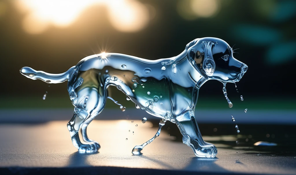 a transparent water elemental dog made of (watercd_xl,wavy,brightness,contortion,abstract) in pool,water eyes,water hairs,water body,splash water,water drops,no humans,long-focus,tilt-shift,outdoors,on water,full body,chinese zodiac,cutie,cute,still life,front view,facing viewer,looking at viewer,ethereal fantasy concept art,magnificent,epic,majestic,magical, emotional,harmonious,high budget,moody,epic,gorgeous,perfect lighting,realistic,photorealistic,photographic,photo (medium),real,moody lighting,volumetric lighting,reality ray tracing,8K,HDR,UHD,masterpiece,best quality,highly detailed,high resolution,finely detail,extremely detailed,ultra detailed,wallpaper