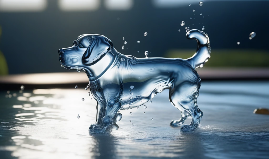 a transparent water elemental dog made of (watercd_xl,wavy,brightness,contortion,abstract) in pool,water eyes,water hairs,water body,splash water,water drops,no humans,long-focus,tilt-shift,outdoors,on water,full body,chinese zodiac,cutie,cute,still life,front view,facing viewer,looking at viewer,ethereal fantasy concept art,magnificent,epic,majestic,magical, emotional,harmonious,high budget,moody,epic,gorgeous,perfect lighting,realistic,photorealistic,photographic,photo (medium),real,moody lighting,volumetric lighting,reality ray tracing,8K,HDR,UHD,masterpiece,best quality,highly detailed,high resolution,finely detail,extremely detailed,ultra detailed,wallpaper