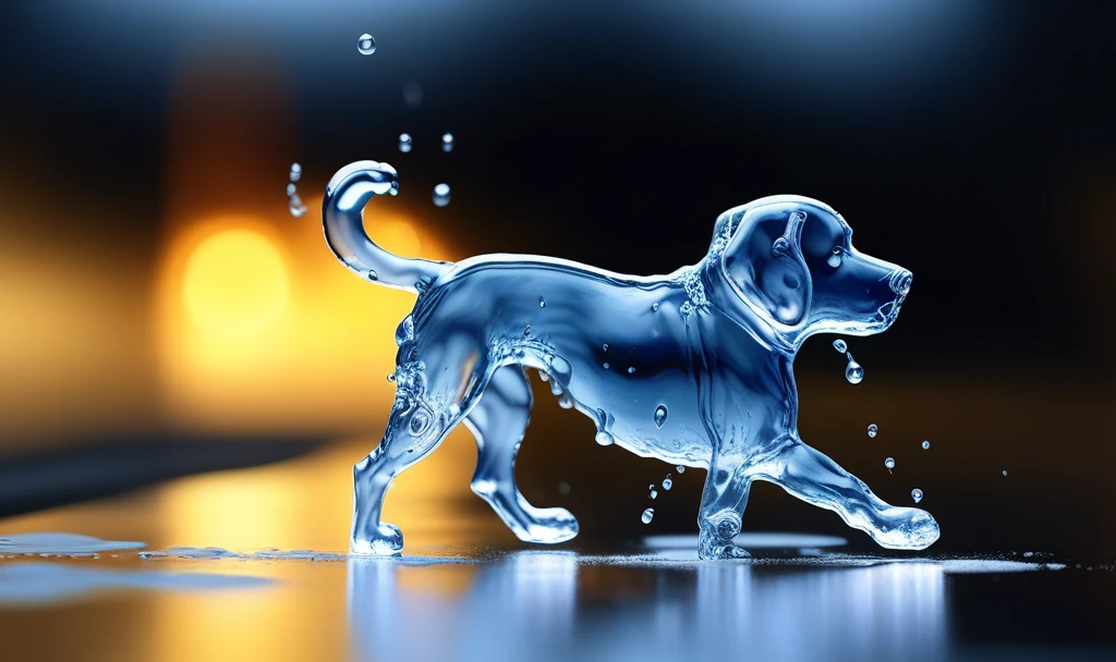 a transparent water elemental dog made of (watercd_xl,wavy,brightness,contortion,abstract) in pool,water eyes,water hairs,water body,splash water,water drops,no humans,long-focus,tilt-shift,outdoors,on water,full body,chinese zodiac,cutie,cute,still life,front view,facing viewer,looking at viewer,ethereal fantasy concept art,magnificent,epic,majestic,magical, emotional,harmonious,high budget,moody,epic,gorgeous,perfect lighting,realistic,photorealistic,photographic,photo (medium),real,moody lighting,volumetric lighting,reality ray tracing,8K,HDR,UHD,masterpiece,best quality,highly detailed,high resolution,finely detail,extremely detailed,ultra detailed,wallpaper