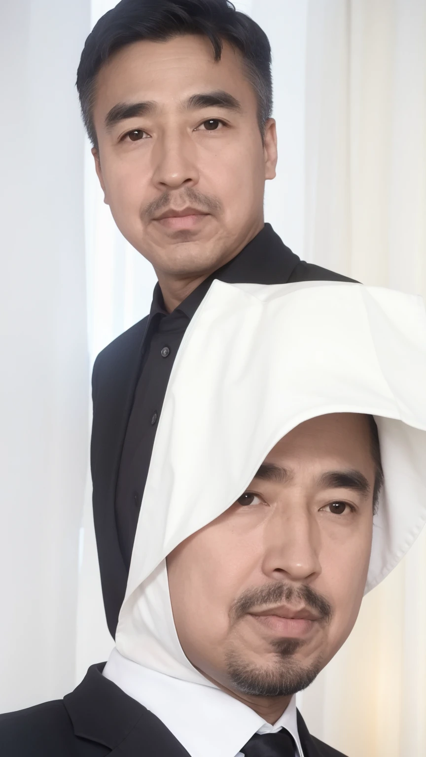 40-year-old male， Soft headlight，High-density imaging，（Clean and delicate face），((Black suit))，((Various dynamic poses))，((White curtains in the background))，best quality，masterpiece，（Soft colors：1.2）