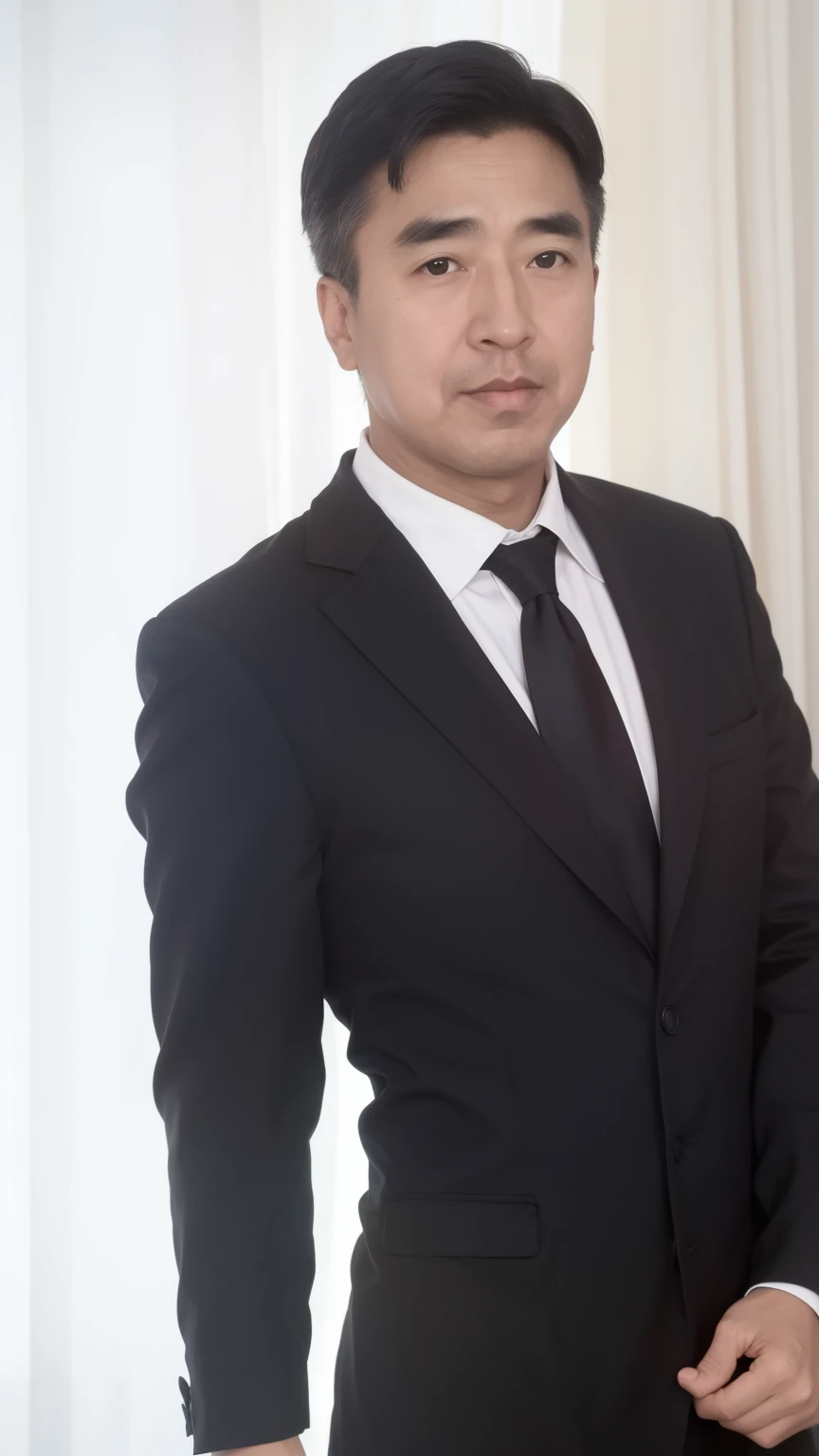 40-year-old male, Soft headlight,High-density imaging,(Clean and delicate face),((Black suit)),((Various dynamic poses)),((White curtains in the background)),best quality,masterpiece,(Soft colors:1.2)