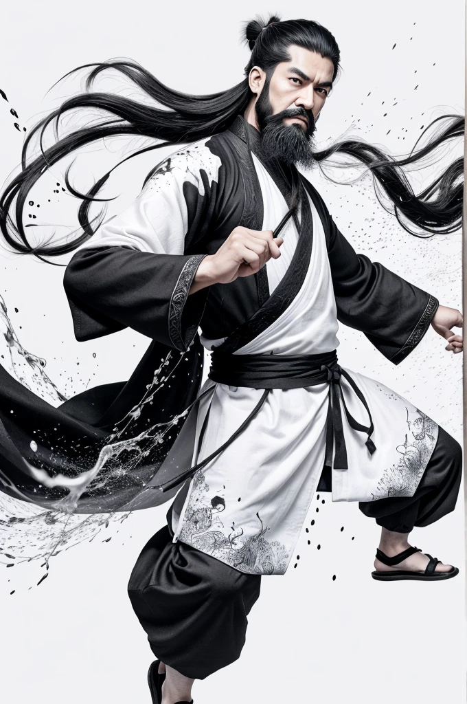 zydink, monochrome, ink sketch, 1boy, asian (middle age man), (long beard, facial hair), fighting stance, looking at viewer, long hair, floating hair, hanfu, chinese clothes, long sleeves, (abstract ink splash:1.2), white background