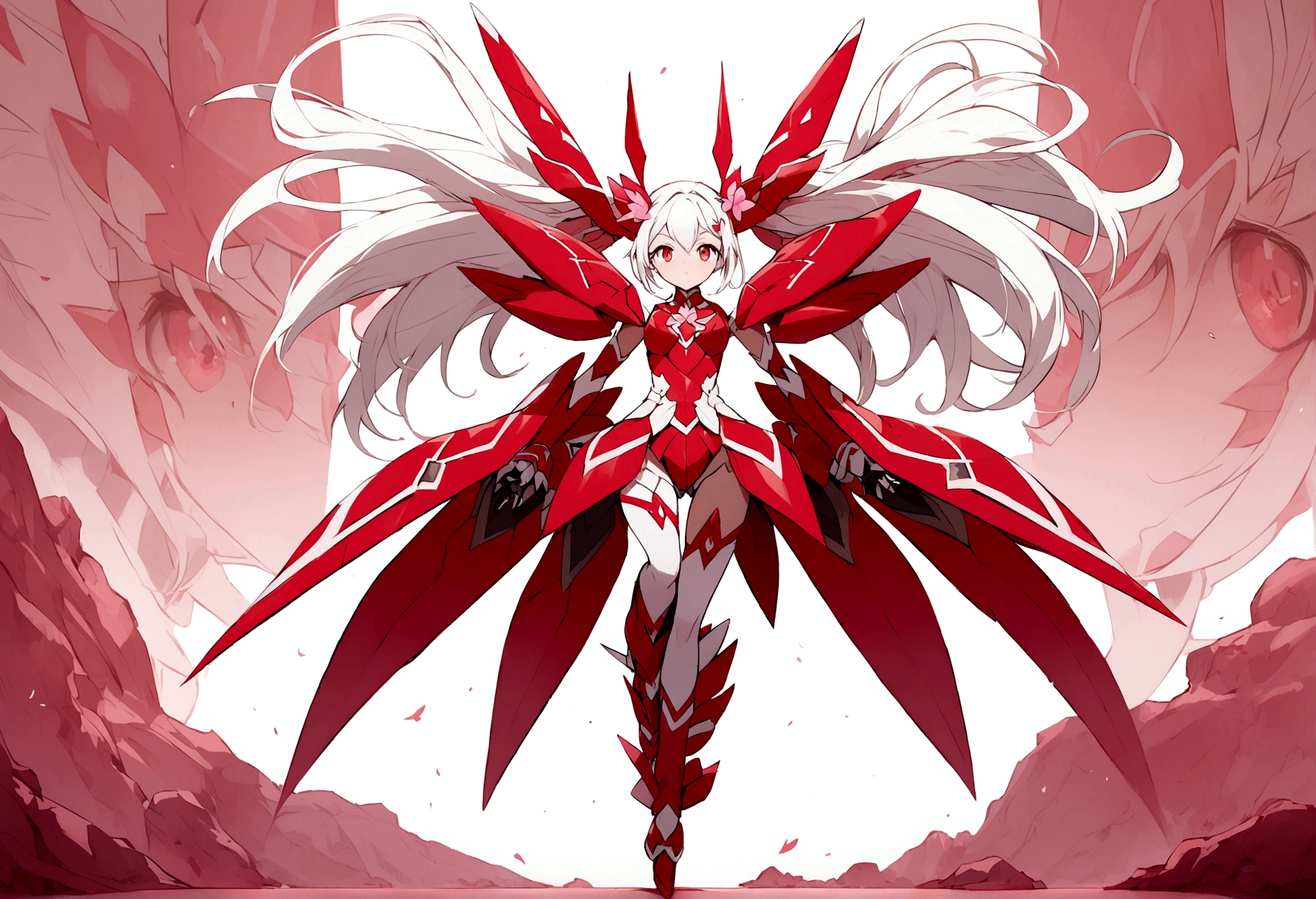 mecha style magical girl, White hair, red eyes, wearing a crimson coloured Magical girl style mecha armor, full body in picture turned towards viewer