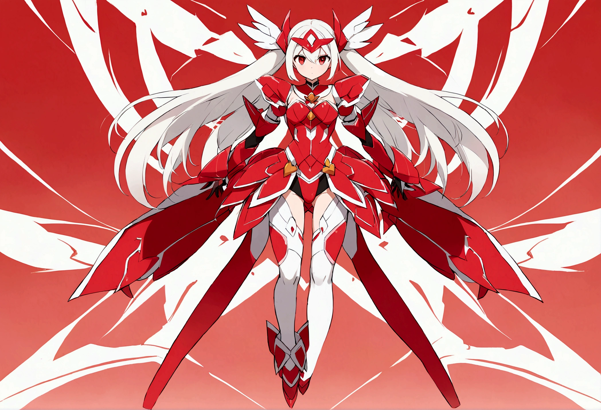mecha style magical girl, White hair, red eyes, wearing a crimson coloured Magical girl style mecha armor, full body in picture turned towards viewer