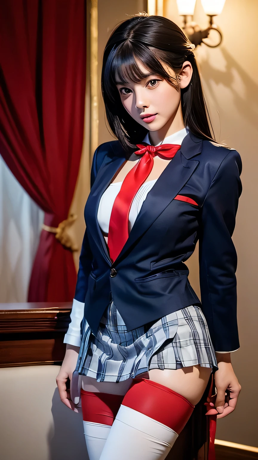 Mastepiece、(RAW Photos:1.2)、(Realistic:1.4)、The ultimate beautiful girl、Beautiful Face、Beautiful detailed、Very detailedな目と顔、Detailed and beautiful eyes、Large Breasts、Ridiculous、Ridiculous appearance、Incredibly Ridiculous、Very detailed、High resolution、Very detailed、Highest quality、masterpiece、((background: Calligraphy scroll))、((Office Lady Uniform))、((Black stuffed collar))、((Imperial Japanese military uniforms))、((kanji emblem))、(japanese flag patch)、Japanese sword、Swordsman、ticker、Leader、talent、8K Wallpaper、wonderful、A masterpiece of fine detail、Highest quality、Very detailed、ticker、uniform、8K Wallpaper、Face Light、Cinema lighting、20-year-old、1 female、(Braided Pigtails)、 (Black panties)、(Camel Toe)、(half)、(Loincloth)、((barefoot)、(Thigh stockings)、Absolute area、(Sitting)、moderately、tie