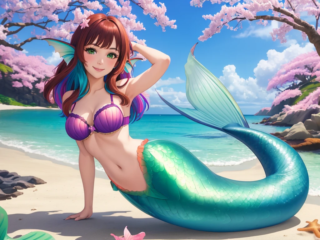 masterpiece, best quality:1.2), 1girl, smile, looking at viewer, green eyes, short brown multicolored hair, mermaid, mermaid girl, wearing purple seashell , laying on belly on beach, colorful mermaid tail, outdoors, head fins, fin ears, under cherry blossoms