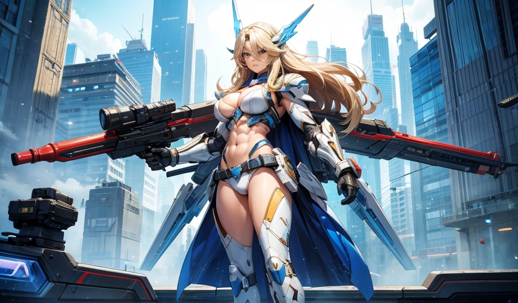 Muscular beauty with long blond hair，helmet，Abdominal muscles，White blue sci-fi armor，cleavage，Bare waist，briefs，Back rocket launcher，Bare Legs，Big cities