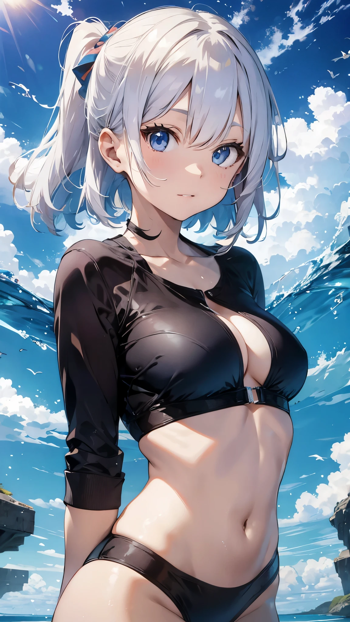 White-haired girl drawn in high resolution Japanese anime style、whole body、Women in blue bikinis taking photos on a deserted beach, model bikini, , Young and cute gravure idol, Posing together in bras, Russian and Japanese mix, sakimichan, Asian woman, Wear a swimsuit, that'that'that'that'that'that'that'that'that'that'that'that'that'that'that'that'that'It's hot with the shining sun, Japanese Model, Cute Core, sakimichan hdri, Young Gravure Idol, Chubby