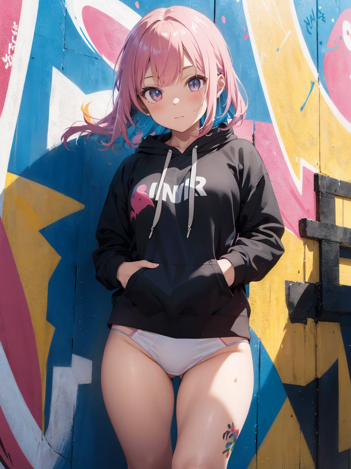 masterpiece, high quality, highres, absurdres, ultra-detailed, 8k, 1girl, Pastel colors hair, multicolored hair, gradient hair, looking at viewer, colorful eyes, (Pastel colors panties), (ultra-small panties), (unadorned panties), (colorful hoodie), Well-endowed, breasts, full body shot, ((angle from below)), (graffiti murals wall background:1.15), brilliant colorful paintings, portrait, cross hair ornament, against wall, bangs, shadow, reflection