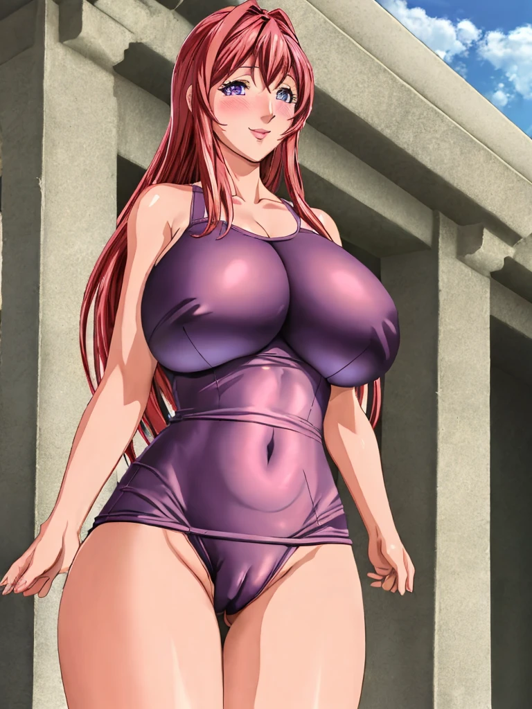 (high quality:1.2), intricate detailed, digital art, TakashiroHiroko, anime,1girl, mature female, solo, cowboy shot, looking at viewer, smile, blush, purple eyes, long hair, red hair,  1 girl solo,(((gigantic breasts))), (((saggy breasts))), 

one-piece navyblue swimsuit,old school navyblue swimsuit,school navyblue swimsuit,wet,barefoot,cameltoe. 

embarrassing,blush, 
upper body,front view,

sunlight, cloudy sky, sun, school pool,outdoor,