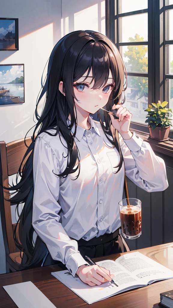 (Extremely detailed CG unified 8k wallpaper),(masterpiece), (best quality), (Super detailed), (Best illustration),(The best shadow), A man，Drink coffee，Stand by the window，black hair，It&#39;s dark indoors，The city lights outside the window are bright，silence，White T-shirt，jeans，Half-length photo，placed on the table