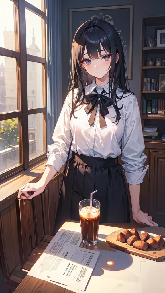 (Extremely detailed CG unified 8k wallpaper),(masterpiece), (best quality), (Super detailed), (Best illustration),(The best shadow), A man，Drink coffee，Stand by the window，black hair，It&#39;s dark indoors，The city lights outside the window are bright，silence，White T-shirt，jeans，Half-length photo，placed on the table