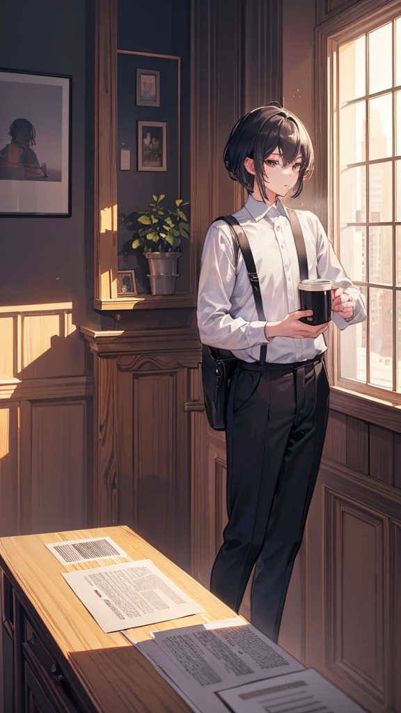 (Extremely detailed CG unified 8k wallpaper),(masterpiece), (best quality), (Super detailed), (Best illustration),(The best shadow), A man，Drink coffee，Stand by the window，black hair，It&#39;s dark indoors，The city lights outside the window are bright，silence，White T-shirt，jeans，Half-length photo，placed on the table