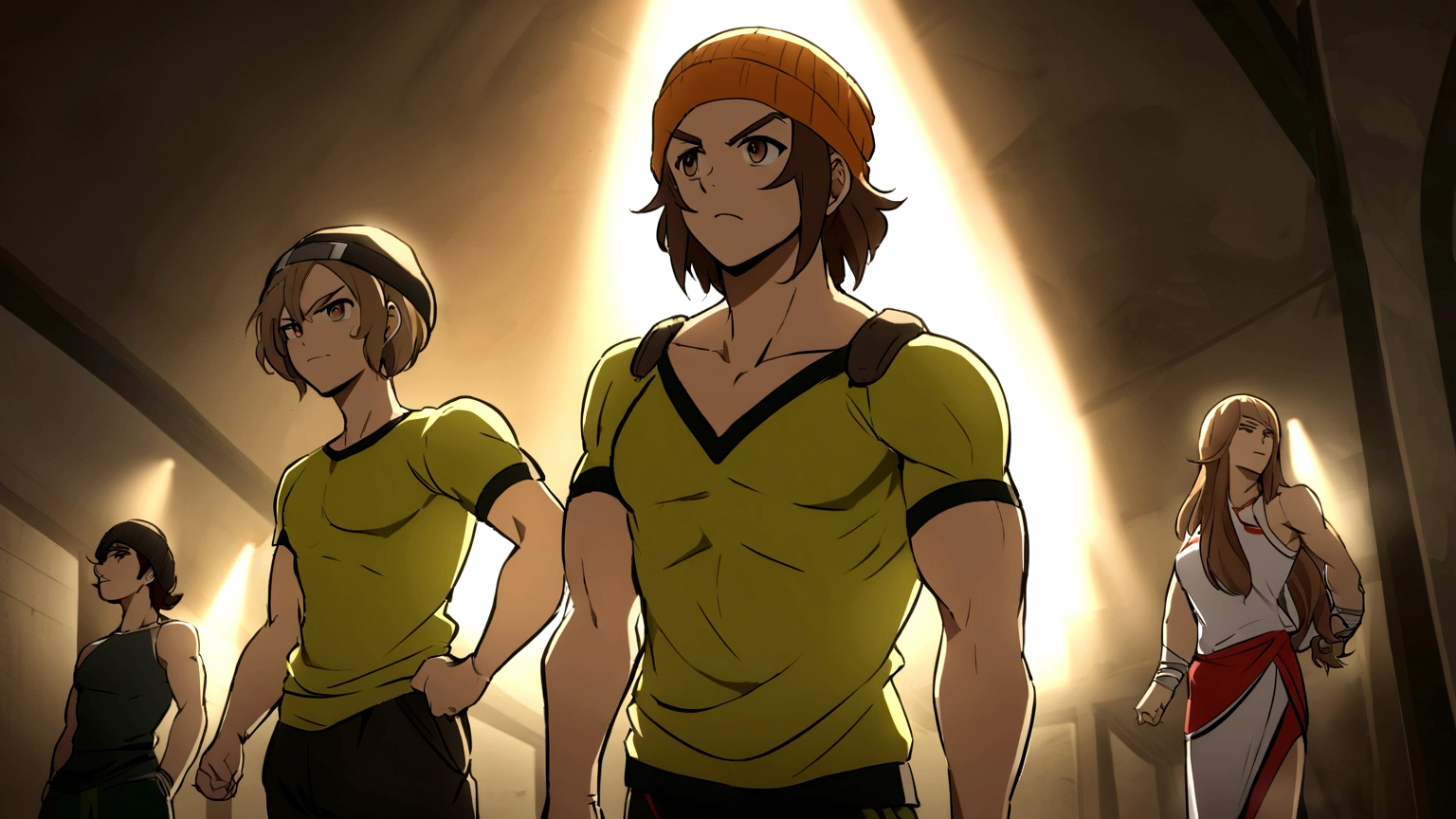 Chico musculoso pero no muy musculoso con medium brown hair que sobresale por su gorro beanie negro entrena en el gimnasio, tiene medium brown hair, le sale medium brown hair, medium brown hair, let the hair be seen, epic anime style