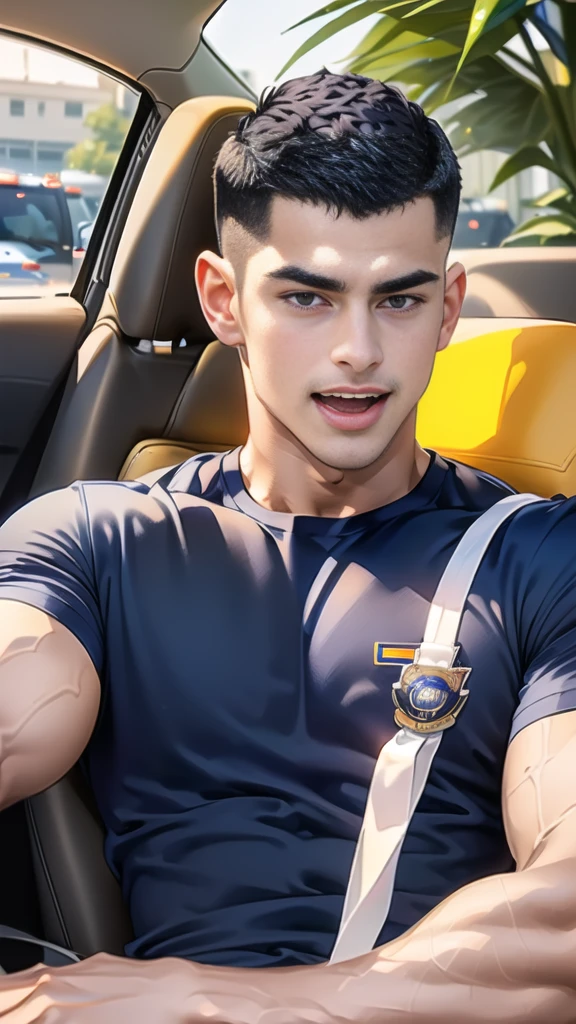 (Create a masterpiece: 1.2),(CGI art:1.3),(realistic:1.5),(After processing:1.3),(Sharp focus:1.3), 1 man holds the steering wheel of a car ,(crew cut short hair:1.8),black eye, smile, (Wear color navy round neck T-shirt with a Police badge: 1.3), Navy blue jeans, Korean guy , korean men, (High gloss details), muscles, large arm muscles, blood vessel, Big muscles, Broad shoulders, looking at the audience, Balancing the eyes, middle of the road, (drive a car: 1.5), (in the car: 1.3), , middle of the road, (open mouth:1.2)