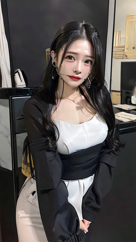 (((32k))), RAW Photos , (Highest quality, detailed:1.2), Ultra-high resolution, (((((33 years old,  Gal, Taiwanese woman))))),  ((())), (((Tight waist))), (((Big ))), , One person, Elegant, Beautiful woman, Outstanding image quality,  非常にdetailedな顔, Perfect lighting, White skin, ((Long black hair:1.4)), Droopy eyes,  lips, (((Receptionist:1.6))), 