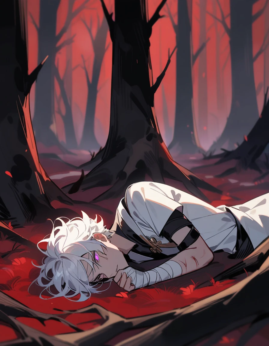 White hair-blue eyes boy, covered in blood , lying in the forest, while lands from another planet surround him to devour him