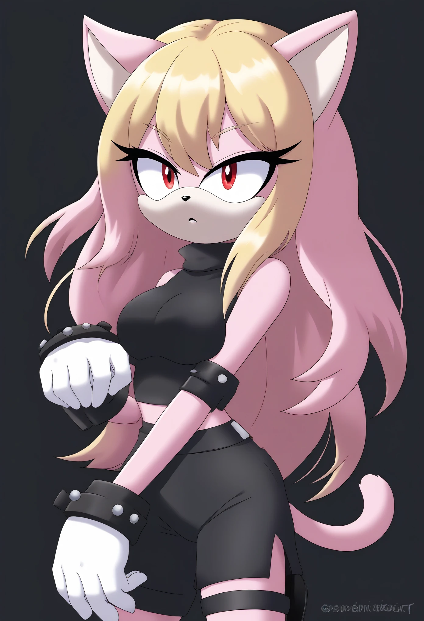 (1girl), (solo), Female Cat, pink fur, blonde hair, long hair, lower back length hair, large hair bangs, (side locks/quills over shoulders), red eyes, (medium breasts), (black sleeveless top), turtleneck, ((black yoga shorts)), white gloves with black cuffs, eyelashes, tough expression, daytime, mobian, mobius city
