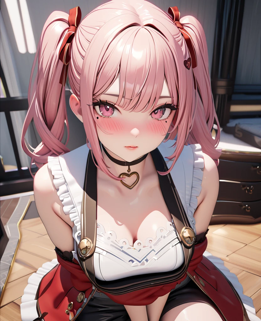 masterpiece, best quality, highly detailed, high resolution, expensive resolution, high resolution, 4K, 8k, uniform 8k wallpaper, highly detailed CG, masterpiece, 2D, 3D, beautiful details, depth, fine texture, best quality: 1.3, perfectly focused, crispy. skin, him, cute anime 20s girl, her name is Mei, idol, expensive brown short twin tails, mole under eye, looking at the viewer, cowboy shorts, expensive, blush, mole, plump lips, heart, pink eyes, heart shaped choker
