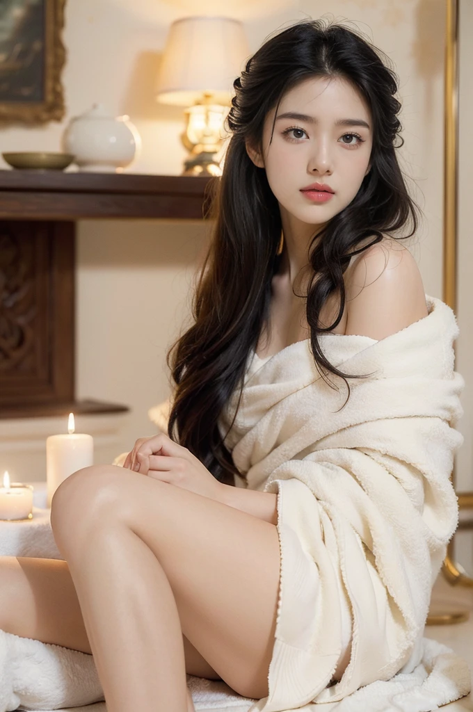 (((best quality))), (((ultra detailed))), (((masterpiece))), illustration, 1girl, young, beautiful, female,wrapped in towel, dimly lit room, spa setting, expectation, serenity, fair skin,black hair, bright eyes, delicate beauty, graceful posture, sitting, tranquil atmosphere, subtle aroma, massage bed, nighttime, starry sky