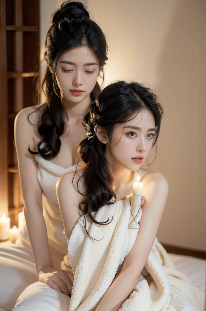 (((best quality))), (((ultra detailed))), (((masterpiece))), illustration, 1girl, young, beautiful, female,wrapped in towel, dimly lit room, spa setting, expectation, serenity, fair skin,black hair, bright eyes, delicate beauty, graceful posture, sitting, tranquil atmosphere, subtle aroma, massage bed, nighttime, starry sky