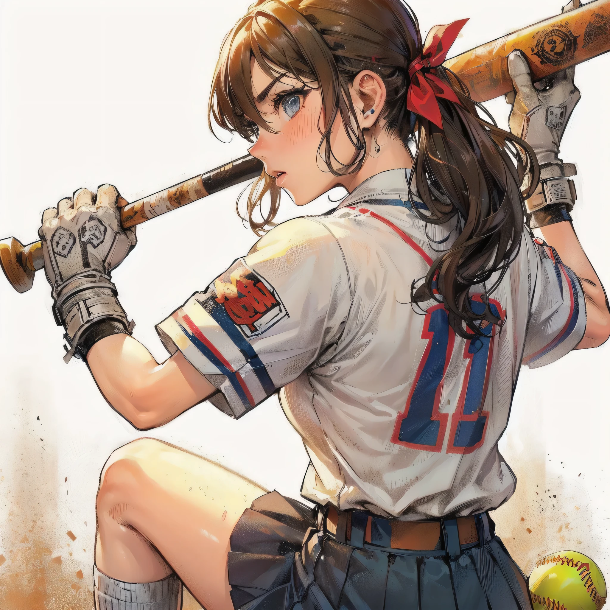 masterpiece, (textured skin), best quality, gorgeous beautiful girl, (a female softball athlete), detailed clothes,large breasts,narrow waist,, (beautiful face), cinematic lighting, (at softball venue ),