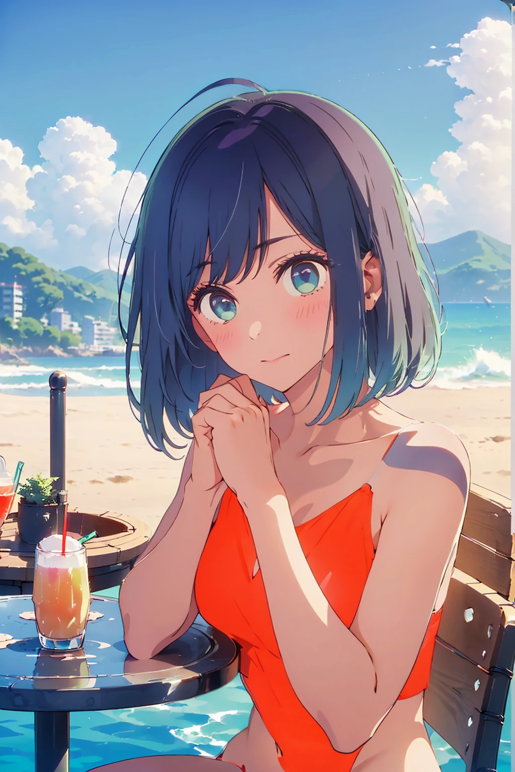 (Highest quality:1.4、8K:1.4、detailed)、F cup bust、Slim body、Very white beautiful skin、((((1 person、Surprised expression、sit、Chair、In the background are the urban buildings of Tokyo、looking at the camera、Outdoor café terrace、coastal、Navy hair color、juice、Shooting up close、table、Very cute face))))、(((())))、(Pose of putting hair behind ears with hands:1.4)、Very blue sky、A completely cloudless sky