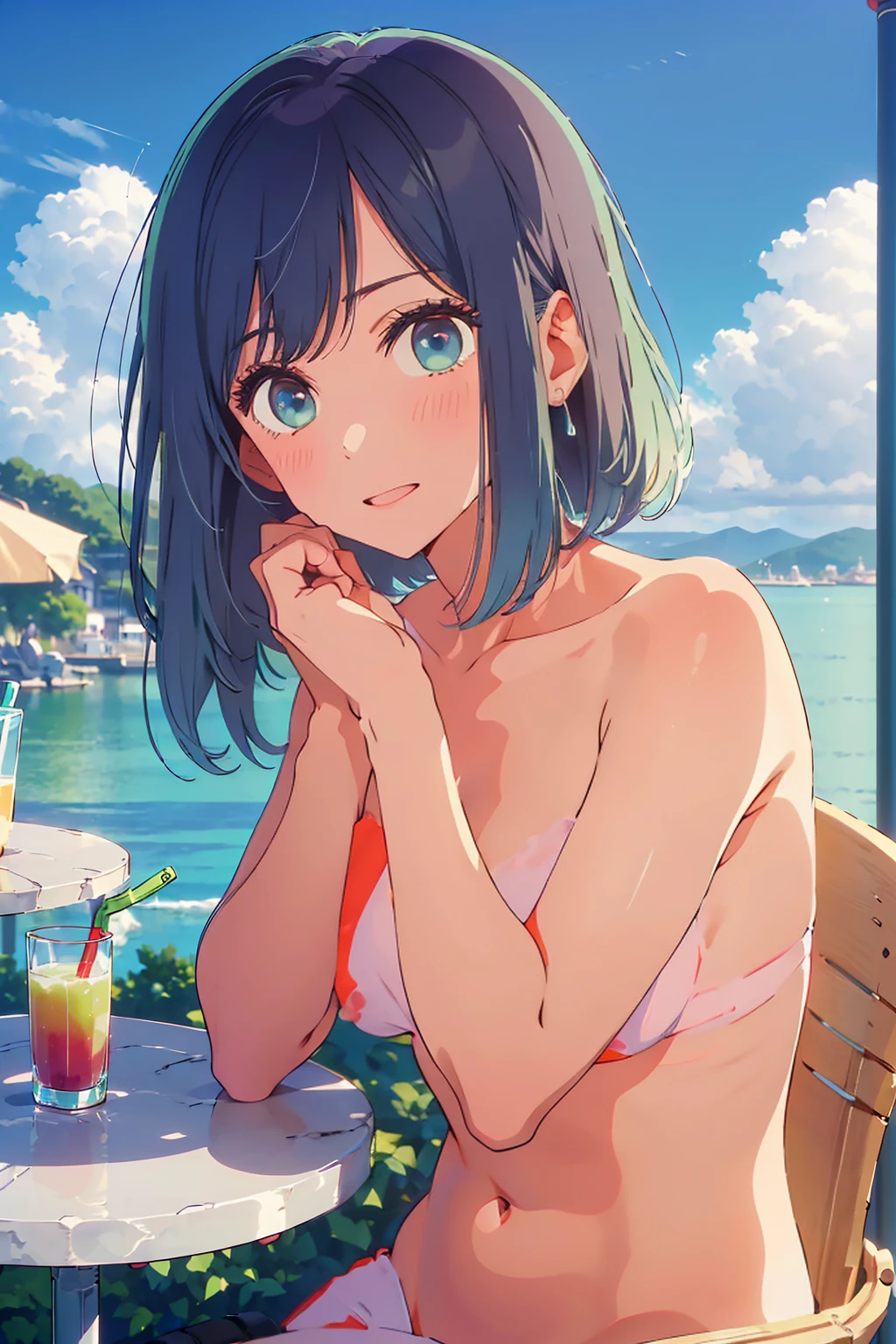 (Highest quality:1.4、8K:1.4、detailed)、F cup bust、Slim body、Very white beautiful skin、((((1 person、Surprised expression、sit、Chair、In the background are the urban buildings of Tokyo、looking at the camera、Outdoor café terrace、coastal、Navy hair color、juice、Shooting up close、table、Very cute face))))、((((nude))))、(Pose of putting hair behind ears with hands:1.4)、Very blue sky、A completely cloudless sky