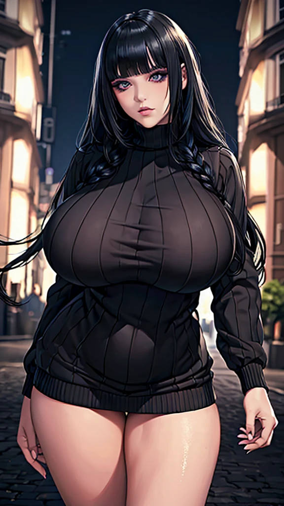 (in 16K、A high resolution、Best Quality、 masuter piece、unreal engine、amine、top-quality、From the thighs up:1.2),(Natural Skin Texture、Detailed skin、Beautiful skin、ultra sharpness),intricate detailes、Extraordinary beauty,(((gigantic breasts,voluptuous body、1 cute woman,20 to 25 years old,adult lady,Wednesday Adams,Black nails,))),(an extremely cute and beautiful face:1.2),(((big eyes,sharp eyes,eye bags,eyelash extension,pale skin,black hair,blunt bangs,bottomless,Braid))),(独奏,empty eyes,Expressionless,Tempting,darkness,Dark atmosphere:1.6),(virgin killer sweater:1.4),(Are standing,Late Night,bustling street,Passersby,dim:1.5),