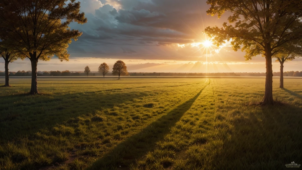 rain and sun, Field, plain, sunset, trees, autumn