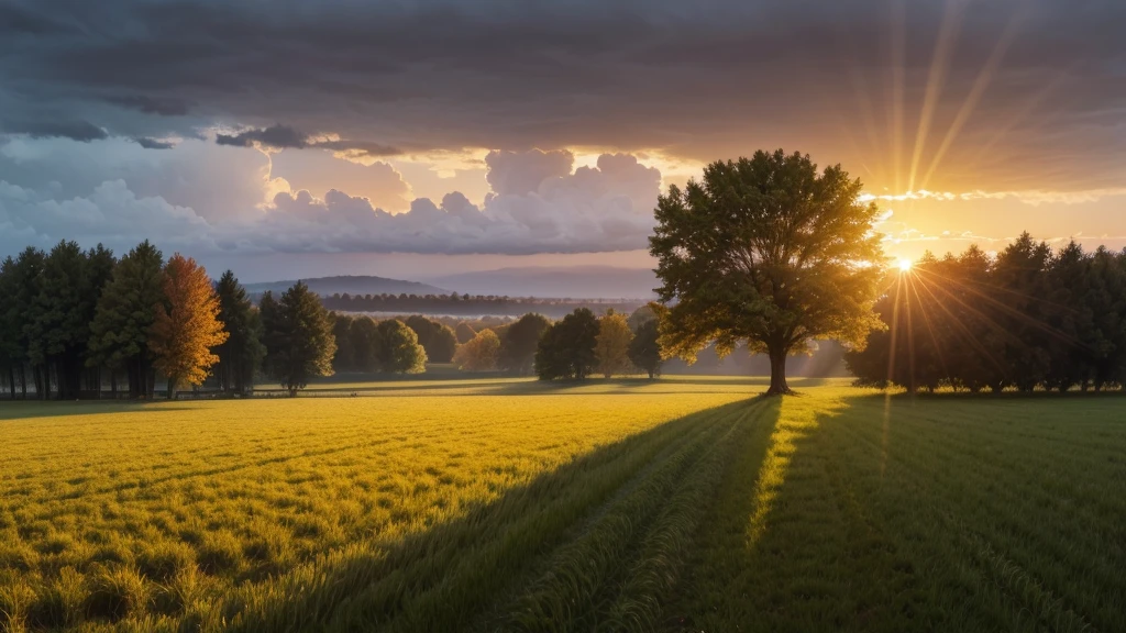 rain and sun, Field, plain, sunset, trees, autumn