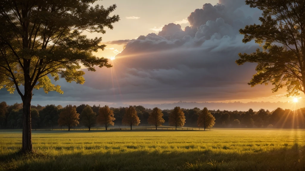 rain and sun, Field, plain, sunset, trees, autumn